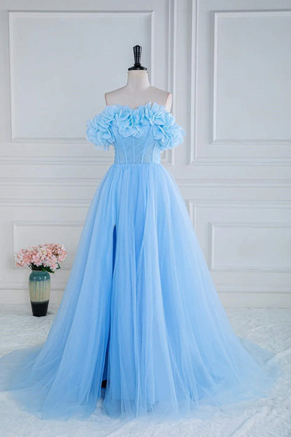 Off The Shoulder Tulle A Line Slit Prom Dresses With Flowers