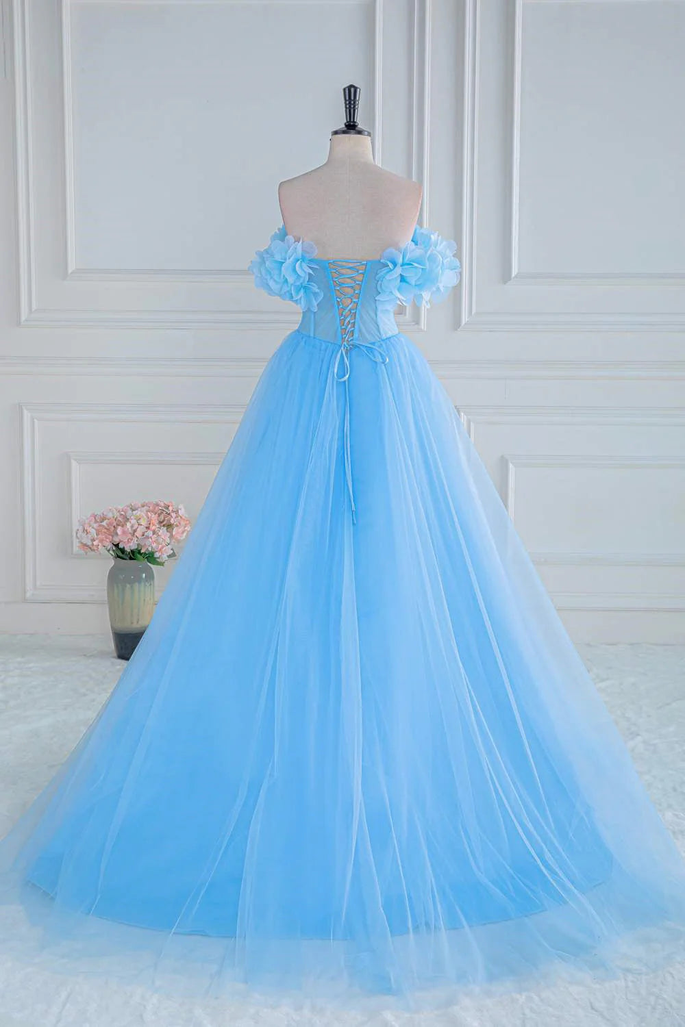 Off The Shoulder Tulle A Line Slit Prom Dresses With Flowers