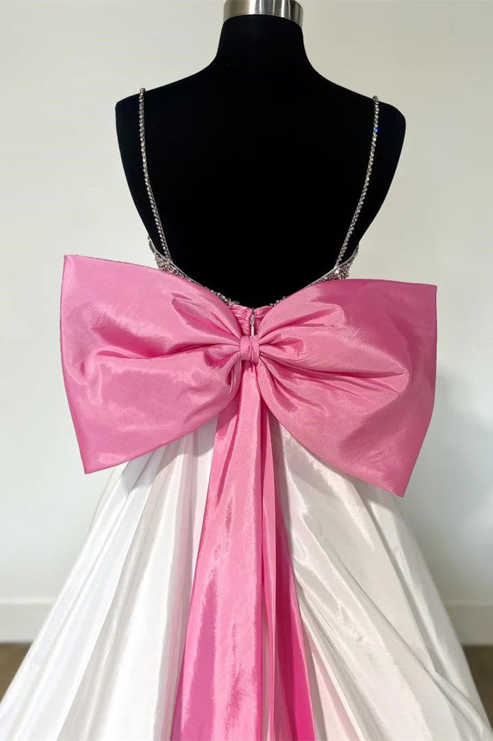 A Line Spaghetti Straps With Beading Satin Sweep Train Bow-Back