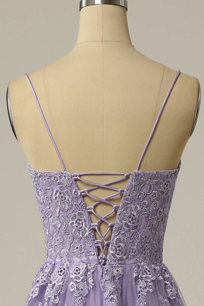 A Line Strapless Light Purple Long Prom Dress with Appliques