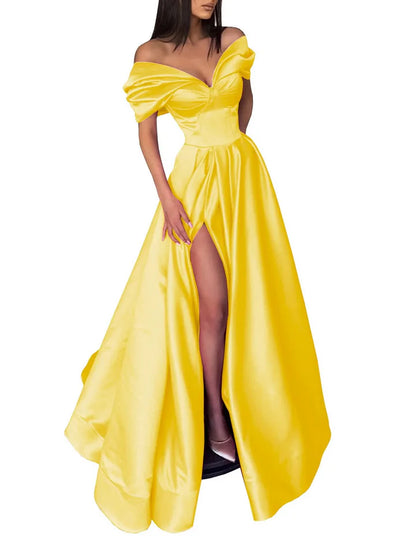 A-Line/Princess Off-The-Shoulder Long Prom Dresses With Split Side