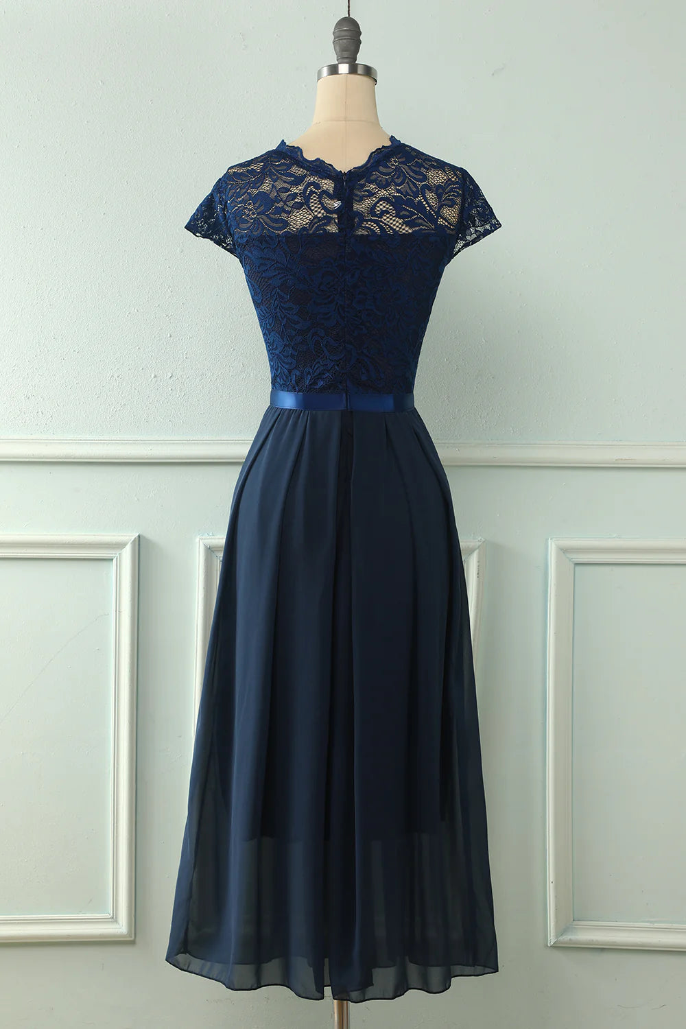 Navy Midi Lace Wedding Party Dress