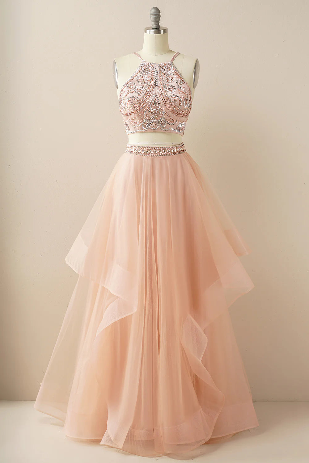 Two Pieces Halter Beaded Prom Dress