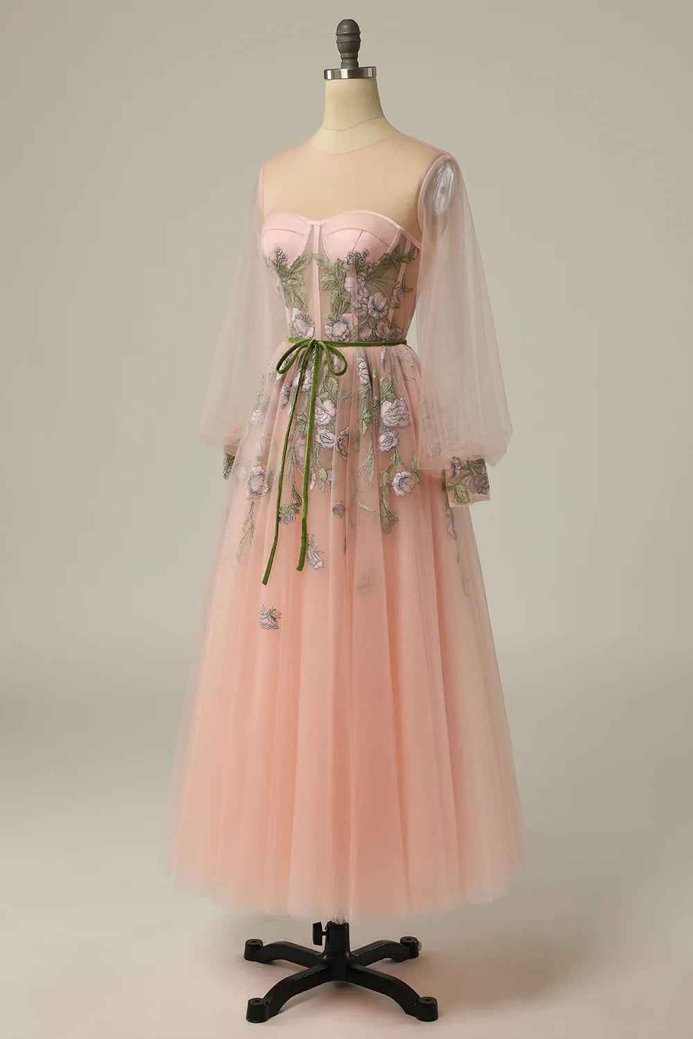 A Line Jewel Light Nude Long Prom Dress with Embroidery