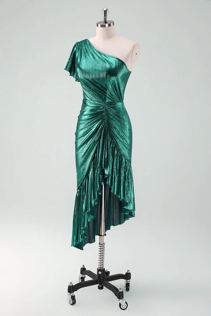 Amzcw Dark Green Metallic One Shoulder Mermaid Cocktail Dress with Ruffles