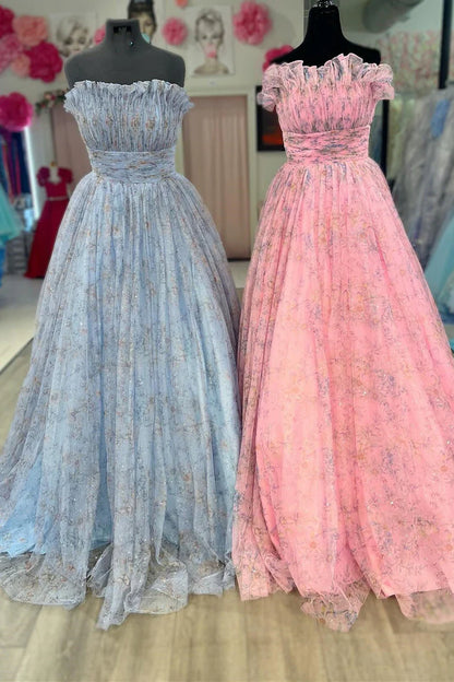 Simple Strapless Long Prom Dresses Floral Strapless Evening Dresses