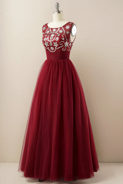 Burgundy Tulle Prom Dress