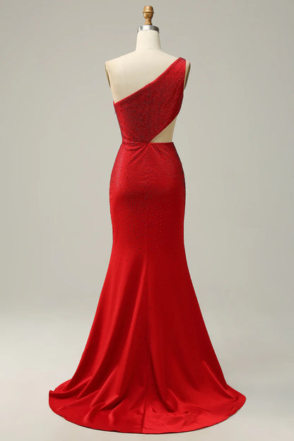 Mermaid One Shoulder Red Cut Out Prom Dress with Beading