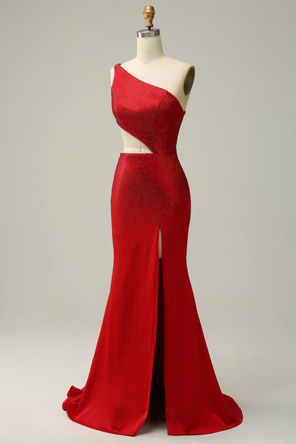 Mermaid One Shoulder Red Cut Out Prom Dress with Beading