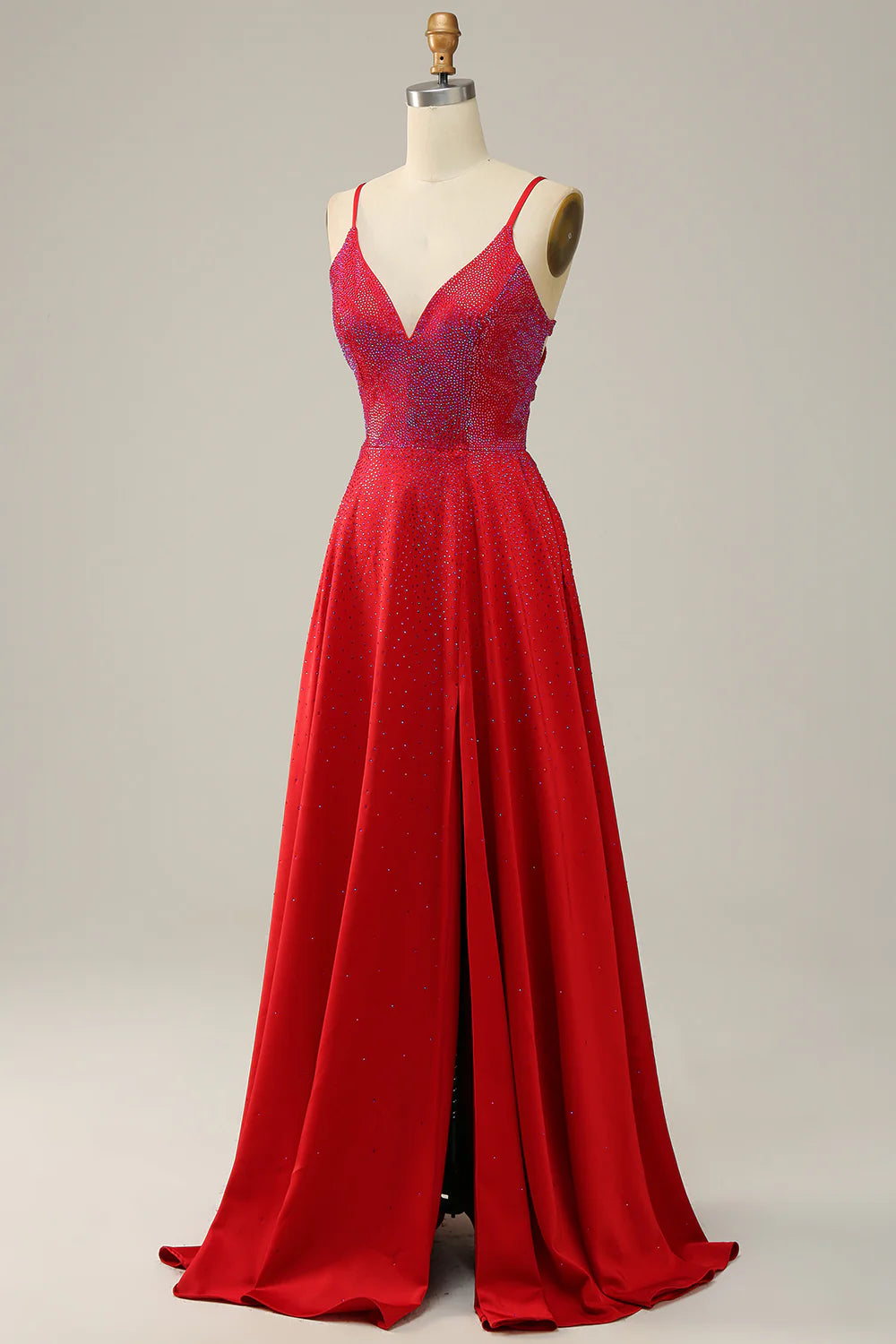 A Line Red Spaghetti Straps Beaded Long Prom Dress