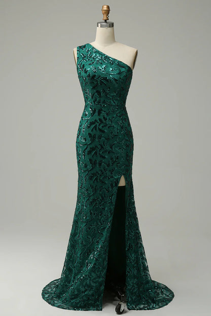 Amzcw Mermaid One Shoulder Dark Green Sequins Long Prom Dress with Split Front