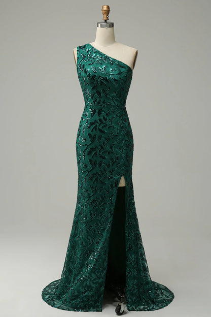 Amzcw Dark Green Mermaid One Shoulder Sequins Long Prom Dress with Split Front prom dresses with long sleeves