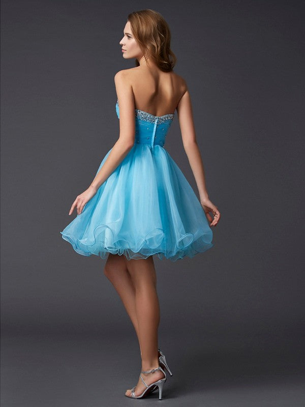 A-Line/Princess Sweetheart Sleeveless Beading Short Tulle Homecoming Dresses