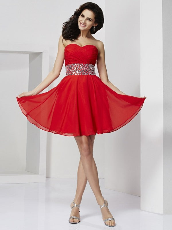 A-Line/Princess Sweetheart Sleeveless Rhinestone Short Chiffon Homecoming Dresses