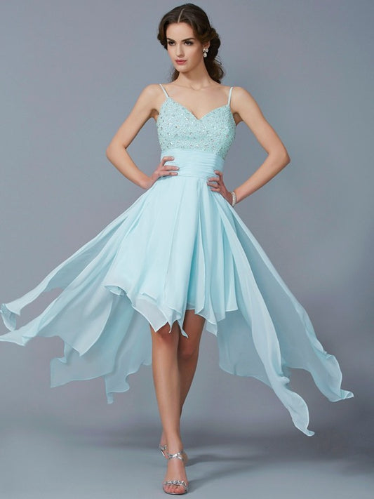 A-Line/Princess Spaghetti Straps Sleeveless Beading High Low Chiffon Homecoming Dresses