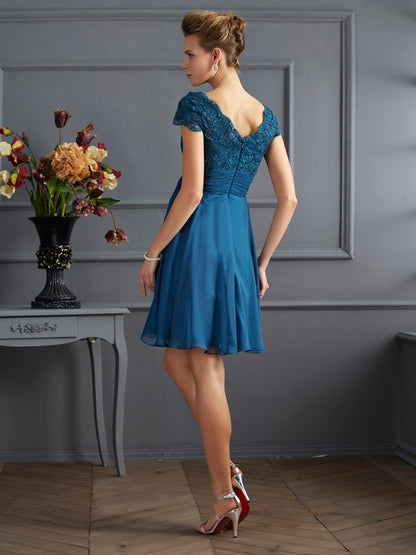 A-Line/Princess Scoop Short Sleeves Lace Short Chiffon Bridesmaid Dresses