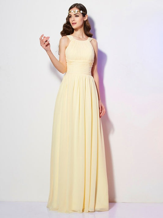 A-Line/Princess Bateau Sleeveless Pleats Long Chiffon Bridesmaid Dresses