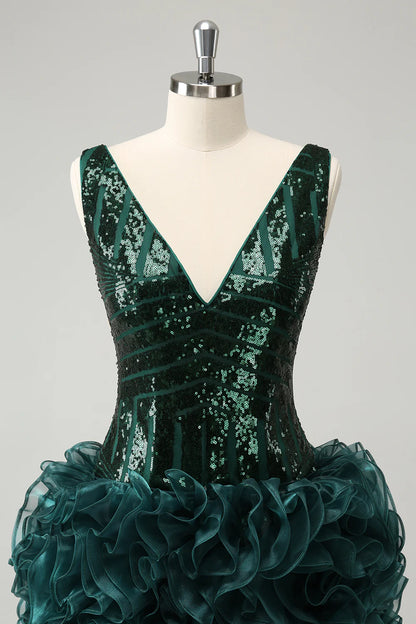 Amzcw Stylish Dark Green Bodycon V Neck Sequin Short Homecoming Dress with Detachable Skirt