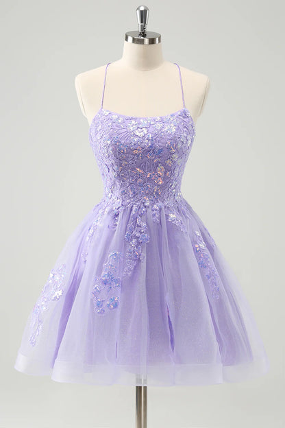 Amzcw Sparkly Lilac A Line Spaghetti Straps Sequin Short Homecoming Dress with Lace Up Back