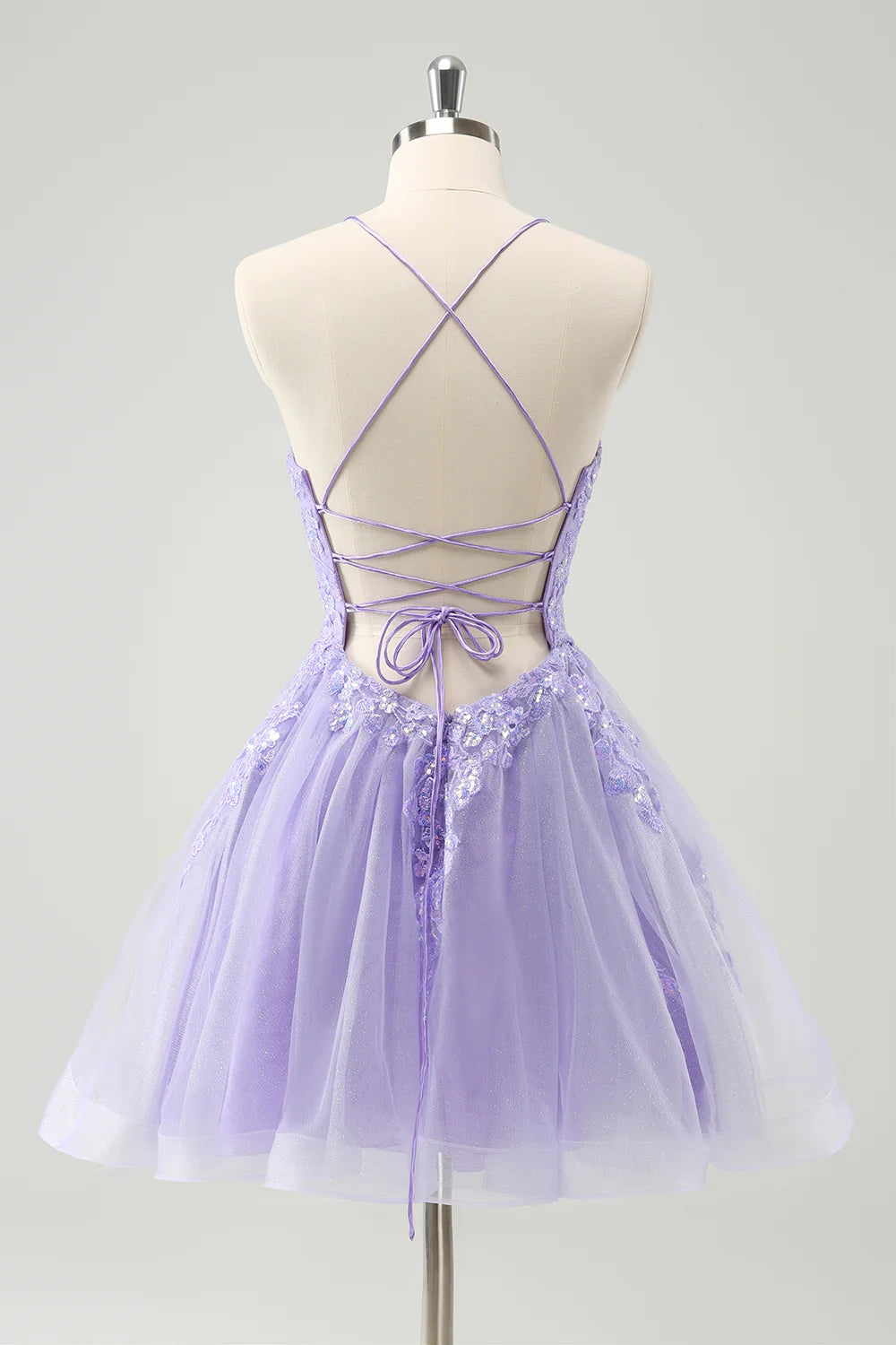 Amzcw Sparkly Lilac A Line Spaghetti Straps Sequin Short Homecoming Dress with Lace Up Back