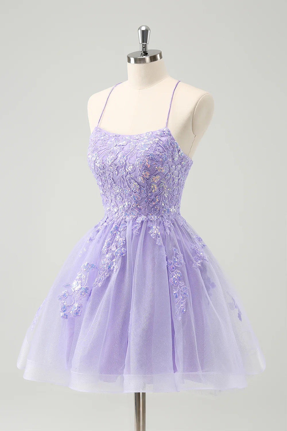 Amzcw Sparkly Lilac A Line Spaghetti Straps Sequin Short Homecoming Dress with Lace Up Back