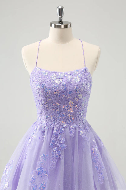 Amzcw Sparkly Lilac A Line Spaghetti Straps Sequin Short Homecoming Dress with Lace Up Back