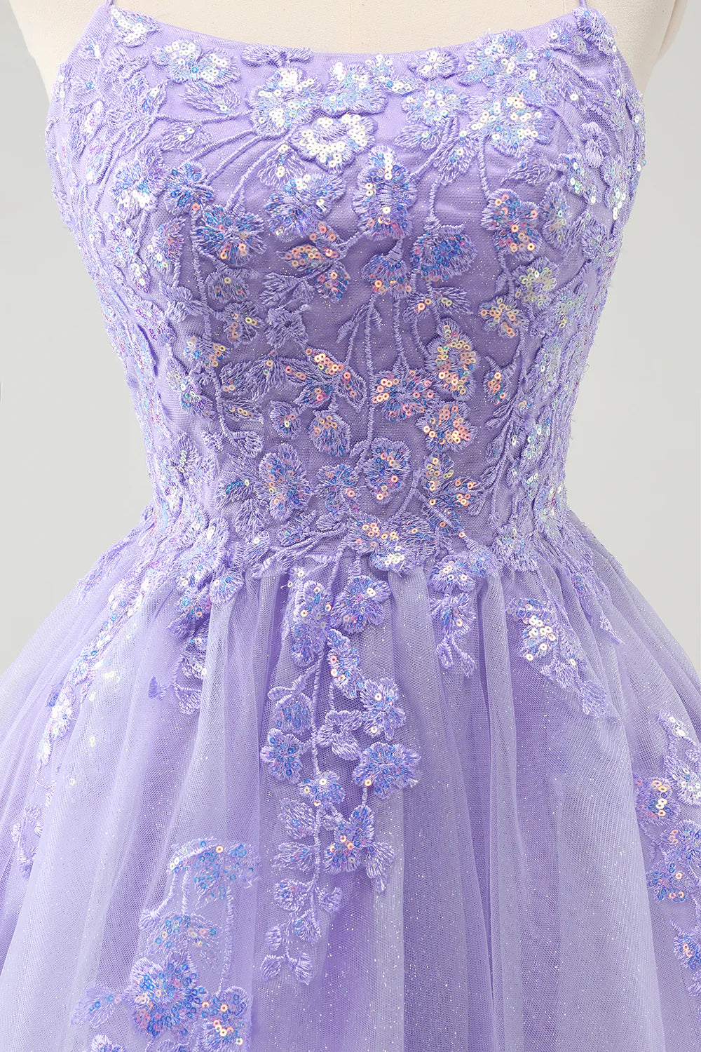 Amzcw Sparkly Lilac A Line Spaghetti Straps Sequin Short Homecoming Dress with Lace Up Back