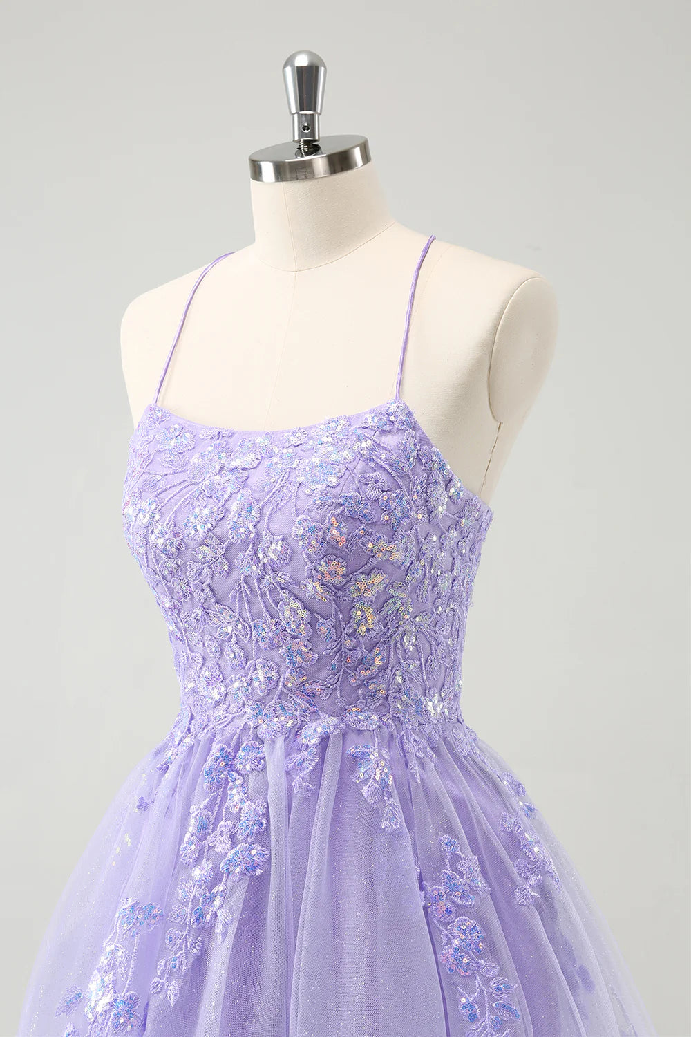 Amzcw Sparkly Lilac A Line Spaghetti Straps Sequin Short Homecoming Dress with Lace Up Back