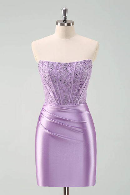 Amzcw Stylish Purple Bodycon Pleated Beaded Corset Short Homecoming Dress