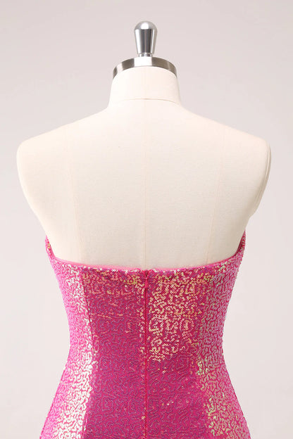 Amzcw Sparkly Fuchsia Bodycon Strapless Hollow Out Sequins Short Homecoming Dress with Slit