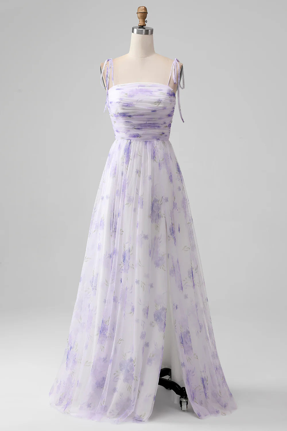 Amzcw Lavender Flower A-Line Spaghetti Straps Print Long Bridesmaid Dress