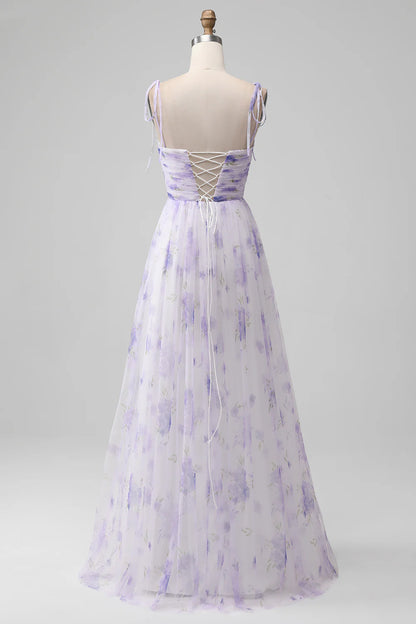 Amzcw Lavender Flower A-Line Spaghetti Straps Print Long Bridesmaid Dress