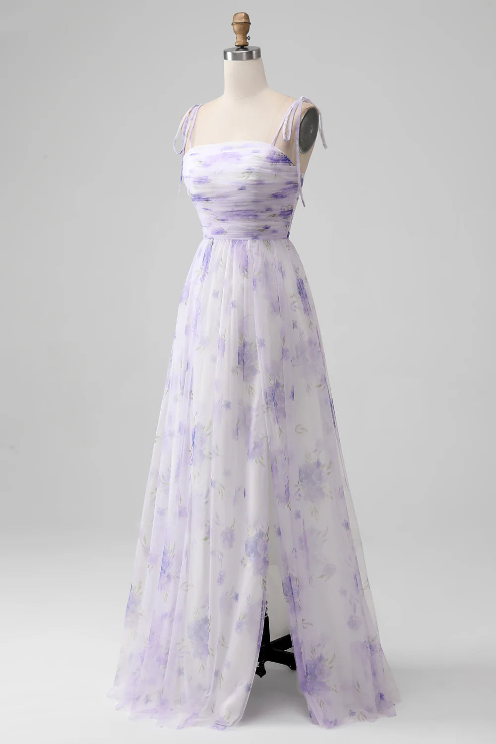 Amzcw Lavender Flower A-Line Spaghetti Straps Print Long Bridesmaid Dress