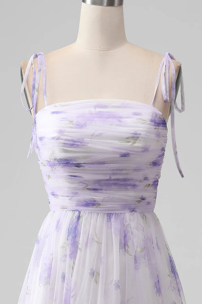 Amzcw Lavender Flower A-Line Spaghetti Straps Print Long Bridesmaid Dress