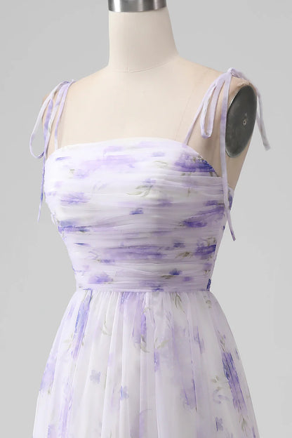 Amzcw Lavender Flower A-Line Spaghetti Straps Print Long Bridesmaid Dress