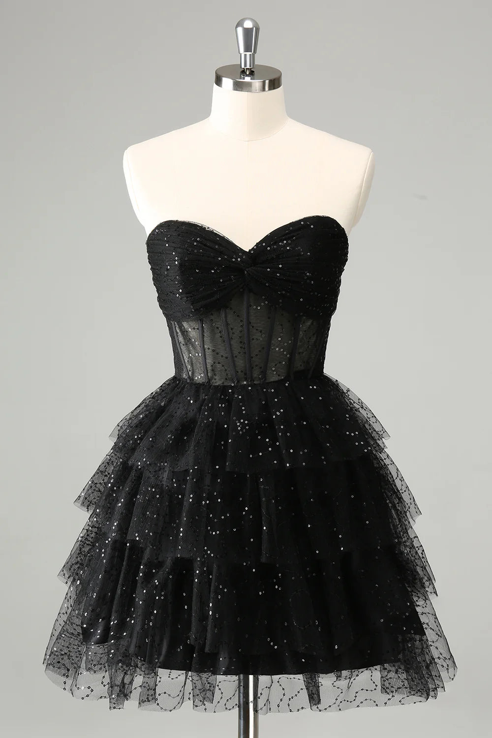 Amzcw Cute Sparkly Black A Line Sweetheart Pleated Corset Homecoming Dress with Sequins