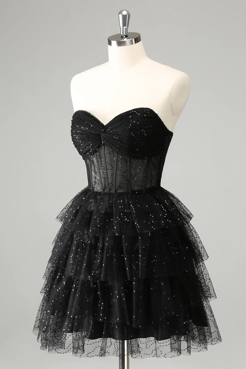 Amzcw Cute Sparkly Black A Line Sweetheart Pleated Corset Homecoming Dress with Sequins