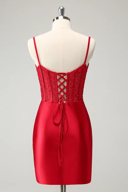 Amzcw Classy Red Bodycon Corset Short Homecoming Dress with Lace Up Back