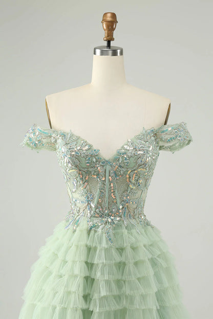 Amzcw Sparkly Light Green A Line Off The Shoulder Corset Tulle Homecoming Dress with Sequins