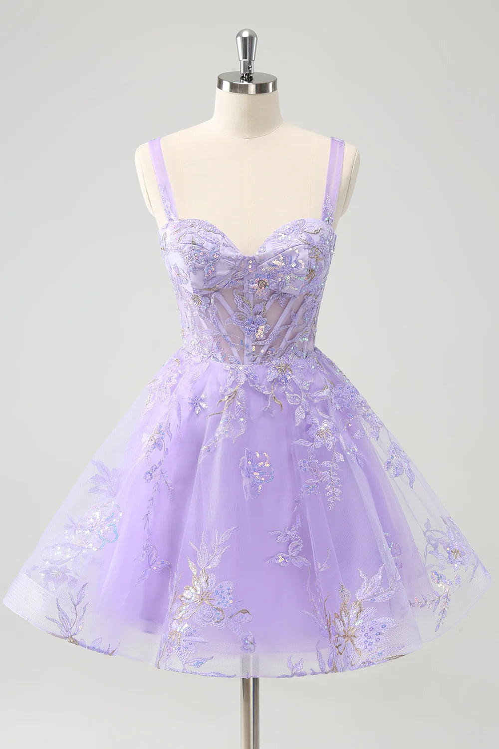 Amzcw Sparkly Lilac A Line Spaghetti Straps Sequins Corset Short Appliqued Homecoming Dress