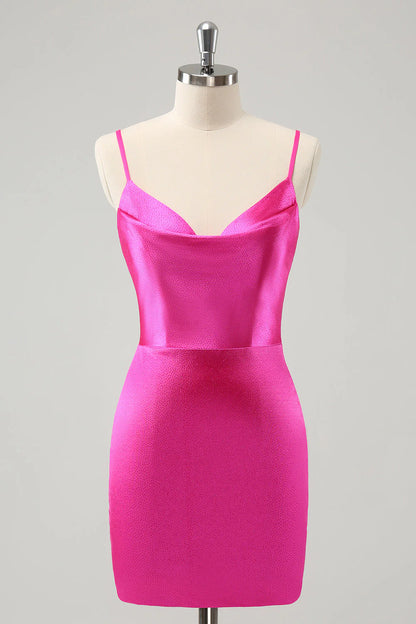 Amzcw Simple Fuchsia Cowl Neck Backless Tight Short Homecoming Dress with Beading