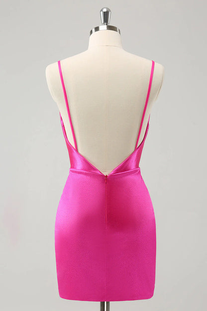 Amzcw Simple Fuchsia Cowl Neck Backless Tight Short Homecoming Dress with Beading