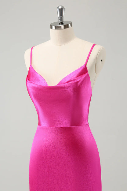 Amzcw Simple Fuchsia Cowl Neck Backless Tight Short Homecoming Dress with Beading