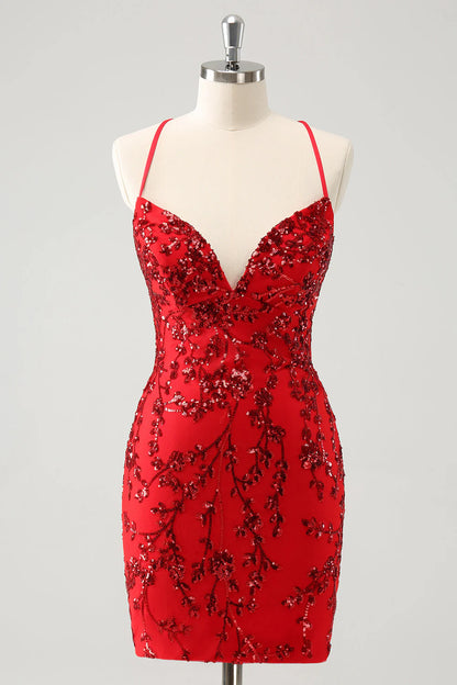 Amzcw Sparkly Red Floral Tight Short Homecoming Dress with Sequins