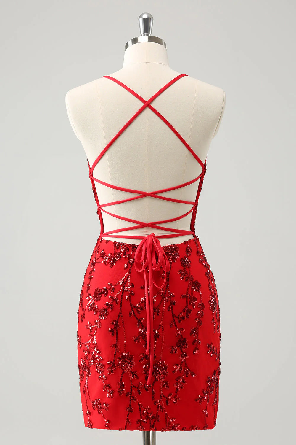 Amzcw Sparkly Red Floral Tight Short Homecoming Dress with Sequins