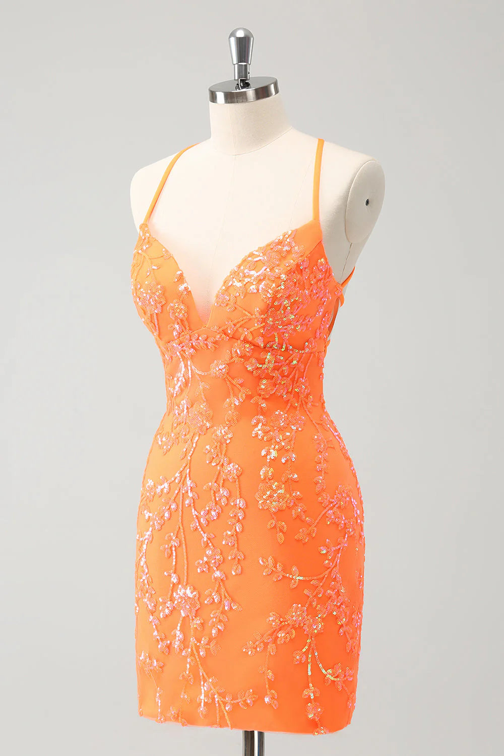 Amzcw Sparkly Orange Lace-Up Back Tight Short Homecoming Dress with Sequins