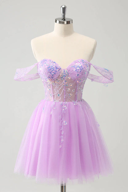 Amzcw Sparkly Lilac A Line Off the Shoulder Corset Sequin Short Homecoming Dress