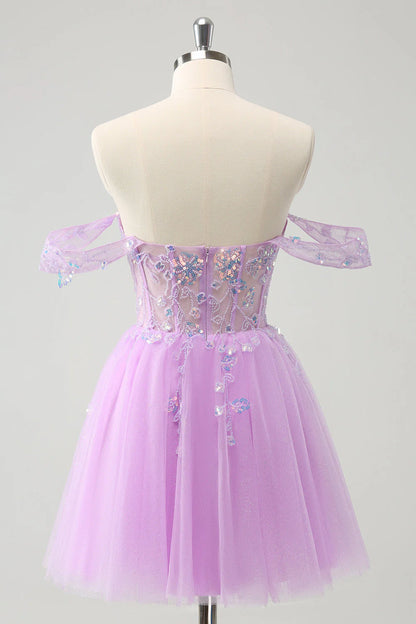 Amzcw Sparkly Lilac A Line Off the Shoulder Corset Sequin Short Homecoming Dress