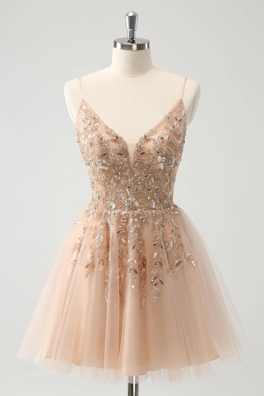 Amzcw Blush A Line Spaghetti Straps Sequin Tulle Homecoming Dress with Beading