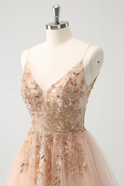 Amzcw Blush A Line Spaghetti Straps Sequin Tulle Homecoming Dress with Beading